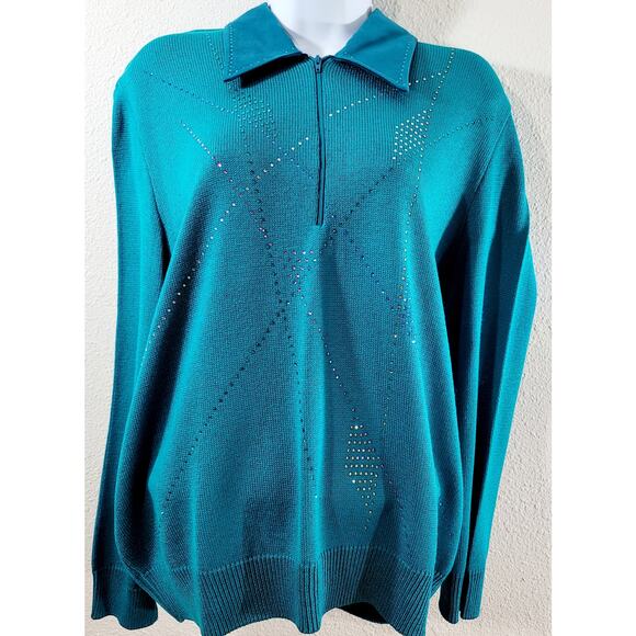 VTG Philippe Marques Teal Blue Green 1/4 Zip Rhinestone Sweater Top 16 Soft - Picture 1 of 8